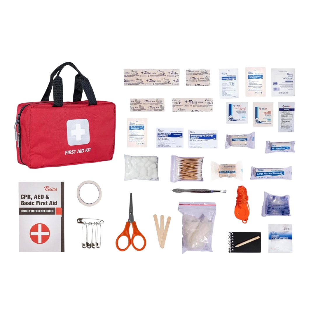 Thrive 291-piece First Aid Kit includes adhesive bandages, gauze pads, antiseptic wipes, a CPR mask, gloves, tweezers, scissors, a whistle, cotton swabs, tape, wooden sticks, safety pins, a first aid guide, and a red portable bag for storage.