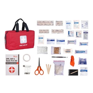 Thrive 291-piece First Aid Kit includes adhesive bandages, gauze pads, antiseptic wipes, a CPR mask, gloves, tweezers, scissors, a whistle, cotton swabs, tape, wooden sticks, safety pins, a first aid guide, and a red portable bag for storage.