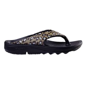 A leopard-print, open-toe flip-flop sandal with a textured black sole and distinct wavy tread design.