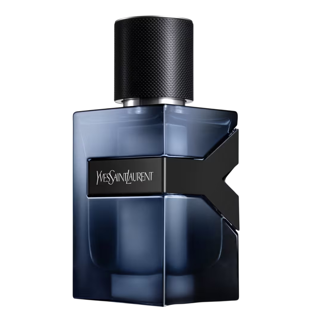 A Yves Saint Laurent men's fragrance bottle with a dark blue, angular design and a textured black cap.