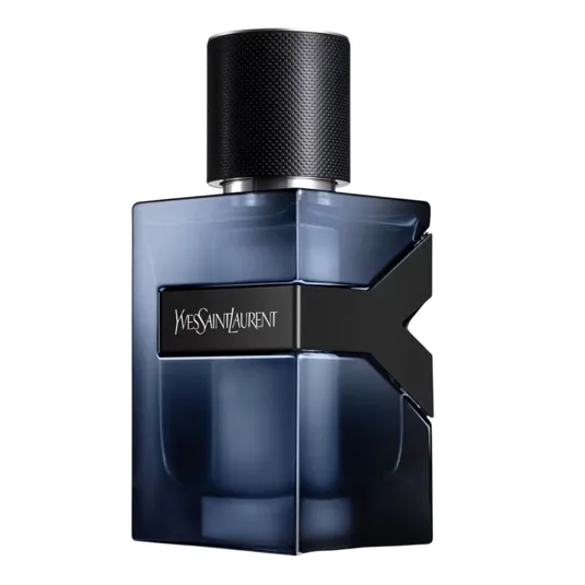 A Yves Saint Laurent men's fragrance bottle with a dark blue, angular design and a textured black cap.