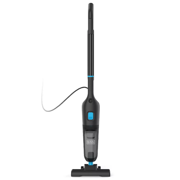 A corded upright vacuum cleaner with a slim design and a detachable handheld unit. The color scheme is black with blue accents.
