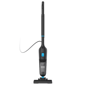 A corded upright vacuum cleaner with a slim design and a detachable handheld unit. The color scheme is black with blue accents.