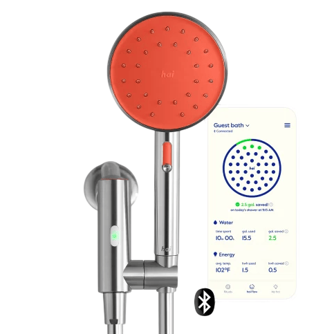 A smart showerhead with an orange face and metal handle, paired with a smartphone app interface displaying water and energy usage data, featuring Bluetooth connectivity.