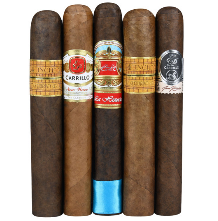 A selection of five cigars with distinct bands, featuring designs from Carrillo and La Historia, with various label colors and branding.
