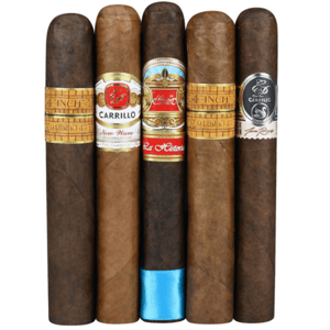A selection of five cigars with distinct bands, featuring designs from Carrillo and La Historia, with various label colors and branding.