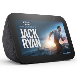 A smart display with fabric sides shows the \“Jack Ryan\“ series on Amazon Prime Video.