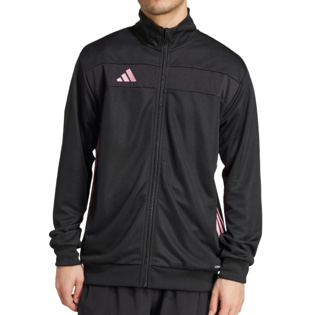 A black Adidas track jacket with pink accents and a front zipper.