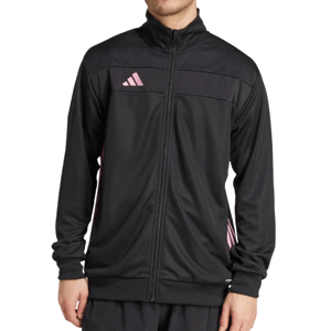A black Adidas track jacket with pink accents and a front zipper.