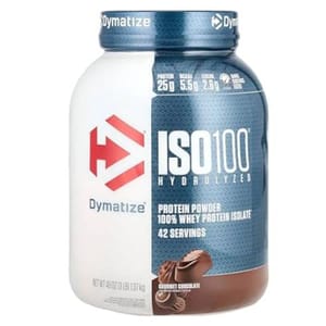 Dymatize ISO100 Hydrolyzed Whey Protein Isolate, 3lb (1.37kg), in Gourmet Chocolate flavor, offers 25g protein, 5.5g BCAAs, and 2.6g leucine per serving, with 42 servings in the container.