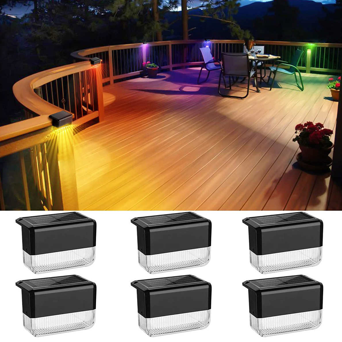 Outdoor deck with colorful solar-powered LED lights attached to the railing, illuminating the area; six close-up views of the lights below.