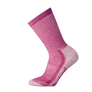 A single pink and light gray sock with a reinforced heel and toe area.