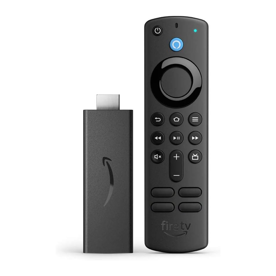 Amazon Fire TV Stick Lite with a black remote featuring navigation, playback, volume controls, and a voice command button, alongside a compact HDMI streaming device with the Amazon logo.