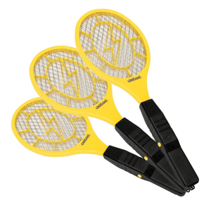 Three yellow electric fly swatters with black handles and metal mesh to zap insects; each swatter features a lightning bolt design on the mesh.
