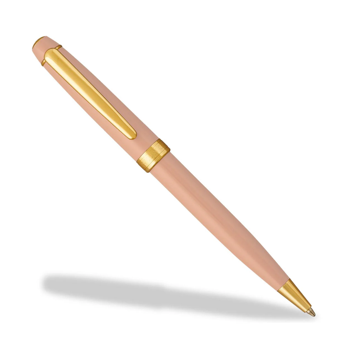A sleek pink pen with gold accents, featuring a clip and a retractable ballpoint tip.