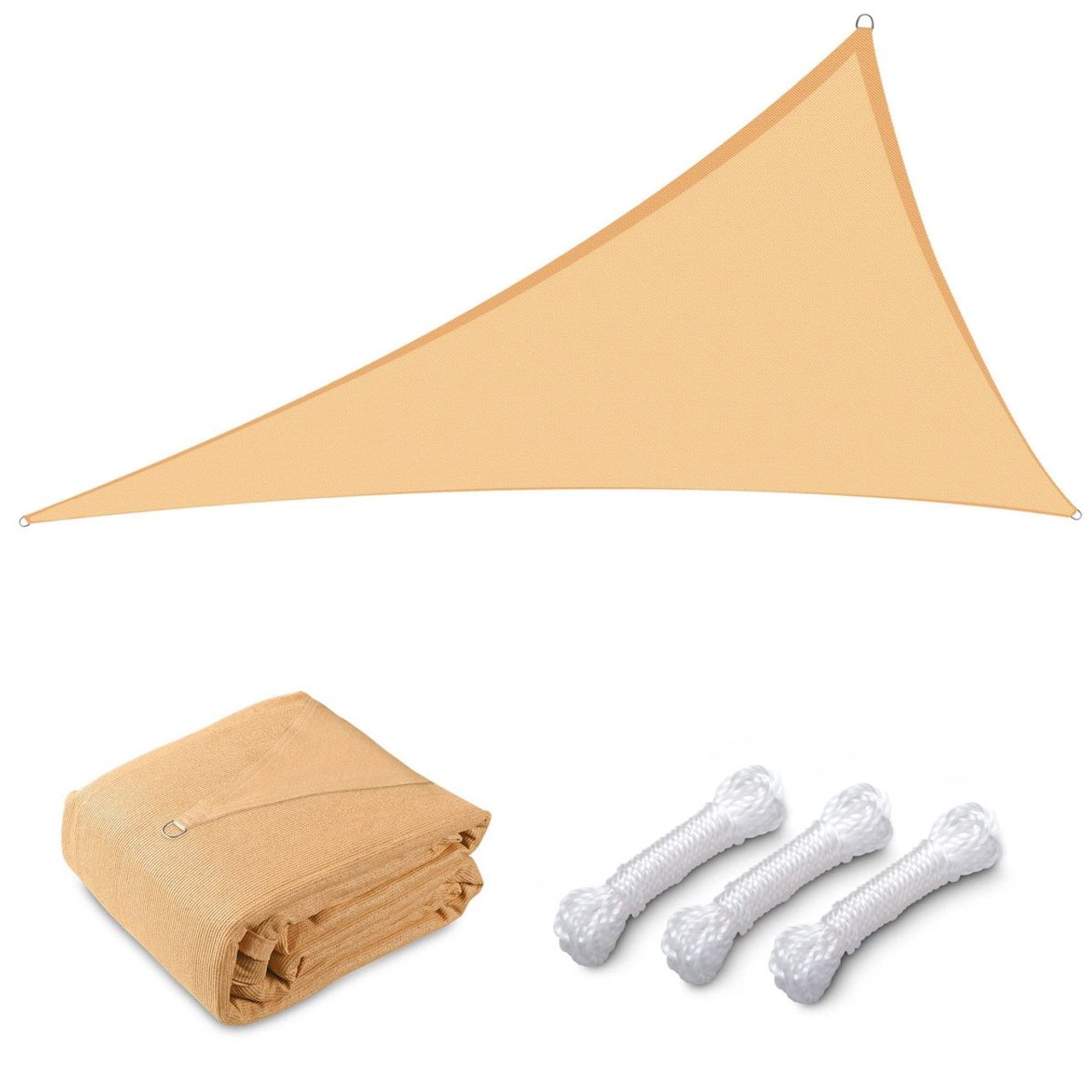 Triangular shade sail canopy kit in beige, includes a folded fabric sail and three white ropes for installation.
