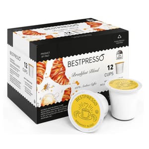 Bestpresso Breakfast Blend Light Roast Coffee Pods, 100% Arabica, compatible with Keurig 2.0 machines, come in a 12-cup pack. Made in Italy, these pods are designed for recycling.