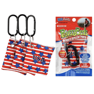 BuggyBeds mosquito repellent pouches feature a USA flag design with blue stars and come with carabiner clips. They are child-friendly, plant-based, and suitable for activities like hiking and camping.