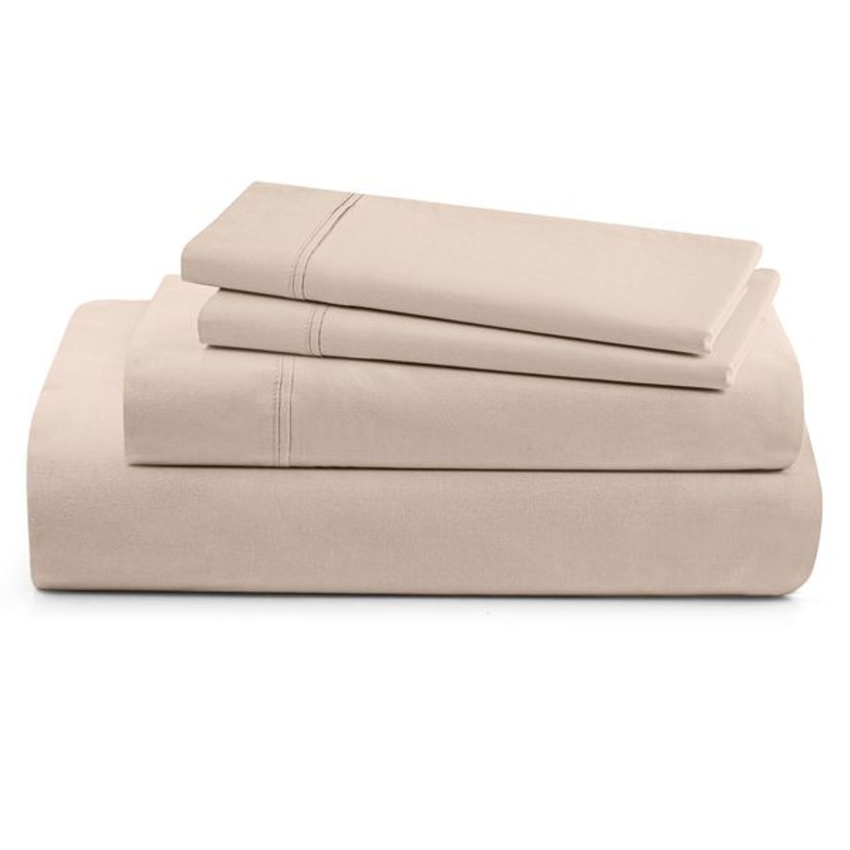 A neatly folded beige bed sheet set includes a fitted sheet, flat sheet, and pillowcases, featuring subtle stitched detailing.