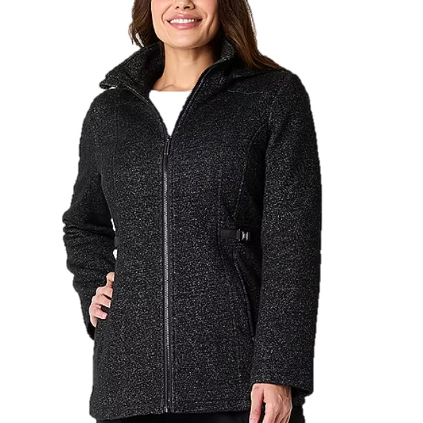 Black long-sleeve jacket with a textured appearance, zip-up front, and high collar, featuring subtle side buckle accents for added detail.