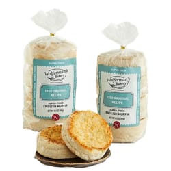 Wolferman's Bakery 1910 Original Recipe super-thick English muffins are shown in two packs alongside two toasted muffin halves.
