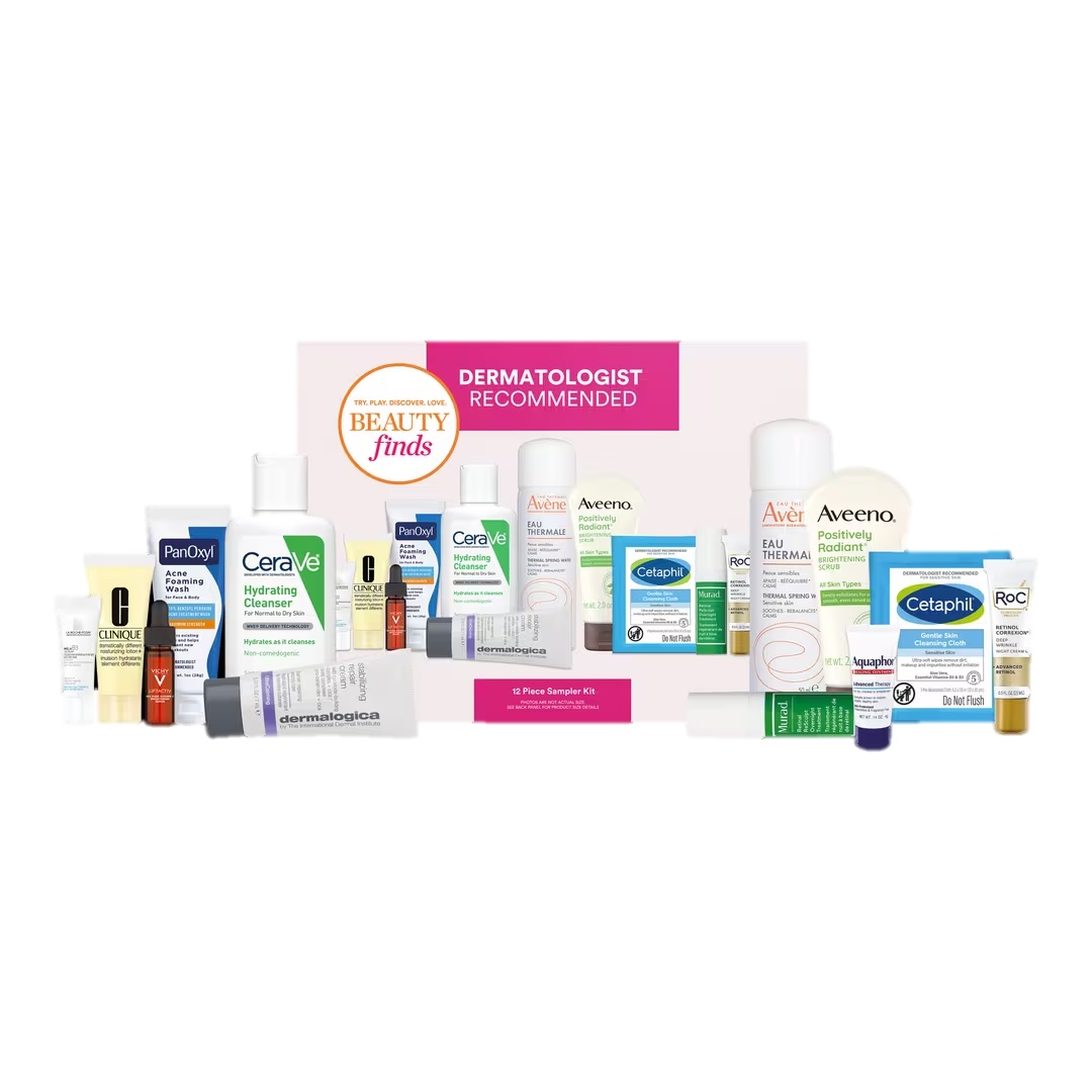12-piece skincare sampler kit with brands like CeraVe, Aveeno, Cetaphil, and more. Includes cleansers, moisturizers, and sunscreen, labeled \“Dermatologist Recommended.\“