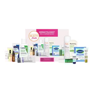 12-piece skincare sampler kit with brands like CeraVe, Aveeno, Cetaphil, and more. Includes cleansers, moisturizers, and sunscreen, labeled \“Dermatologist Recommended.\“