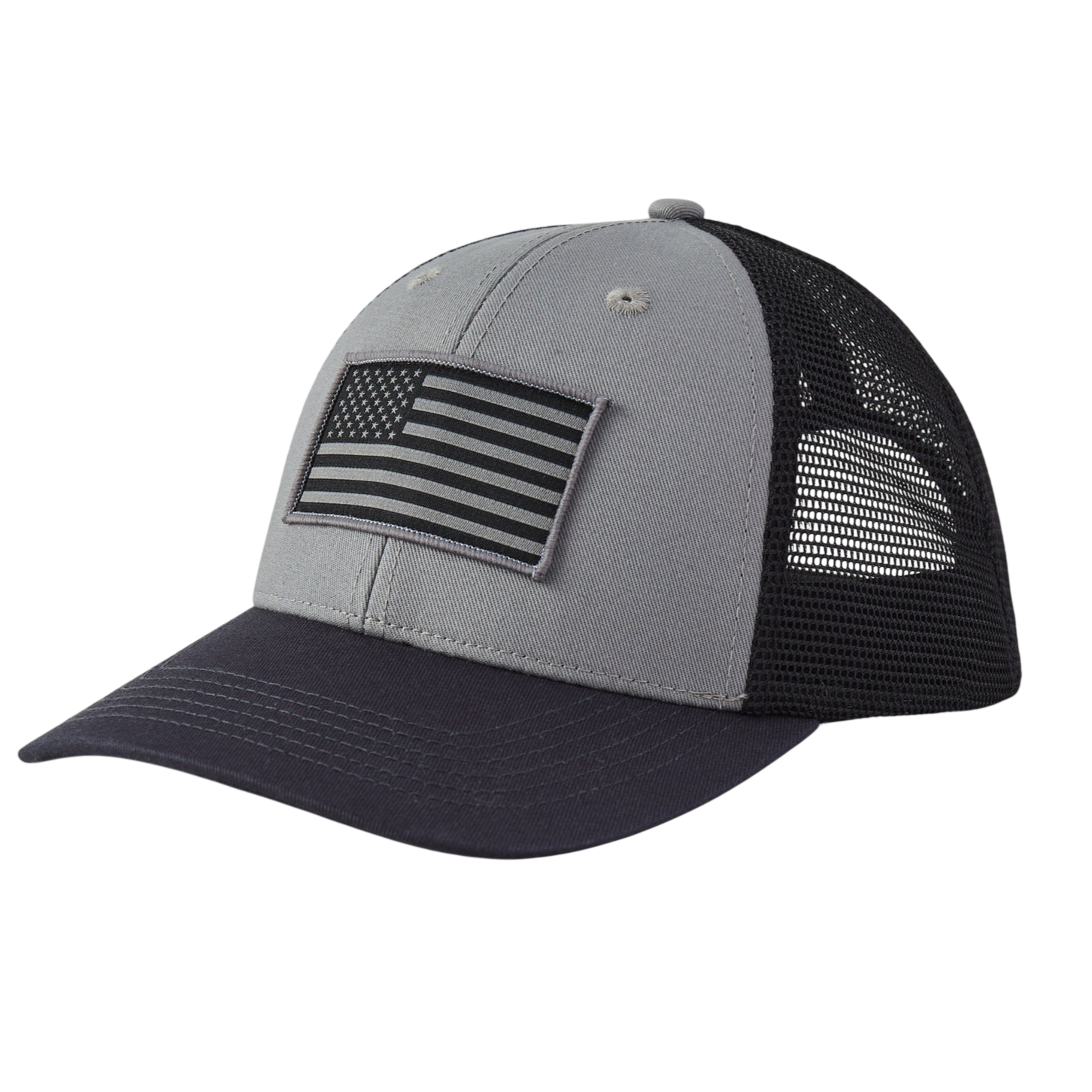 A gray and black mesh-back cap with a monochrome American flag patch on the front panel.