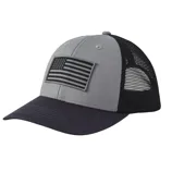 A gray and black mesh-back cap with a monochrome American flag patch on the front panel.