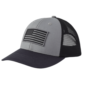 A gray and black mesh-back cap with a monochrome American flag patch on the front panel.