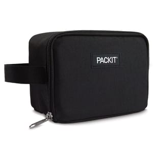 A black rectangular bag with a zipper and side handle, labeled \“PACKIT.\“