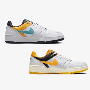 Two pairs of Nike sneakers with distinctive swoosh logos, one featuring light blue and yellow accents, the other with orange and black.