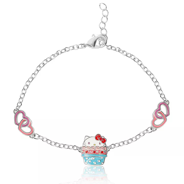 A chain bracelet featuring a central charm of a cartoon character's face emerging from a blue cupcake, flanked by two sets of pink interlocking heart charms. It includes an adjustable clasp for sizing.
