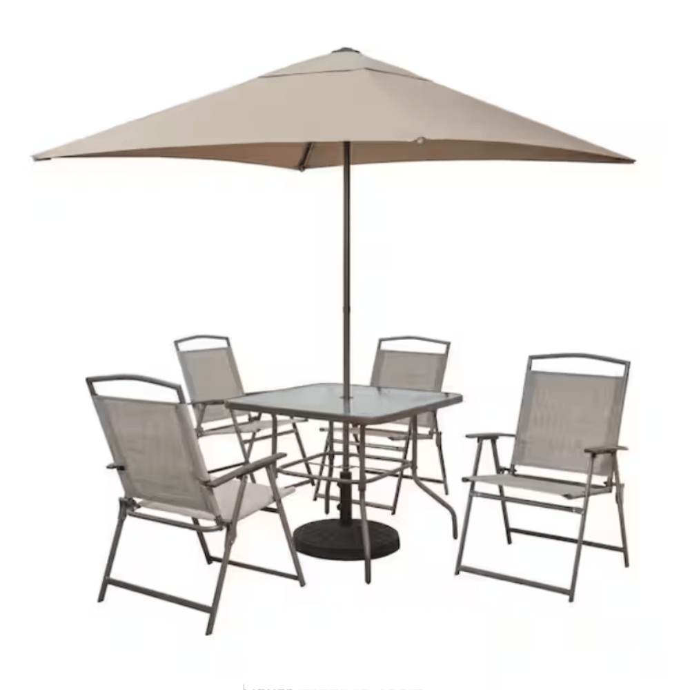 Outdoor patio set with a square table, four folding chairs, and a large beige umbrella.