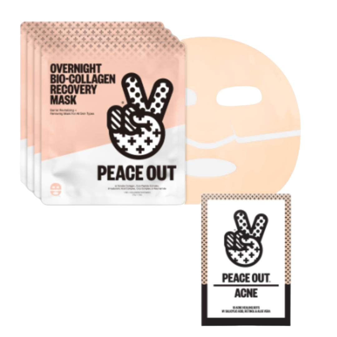 Peace Out Face Masks + Acne Dots Set includes Overnight Bio-Collagen Recovery Masks and Peace Out Acne Healing Dots. The set targets moisturizing skin overnight and treating acne with salicylic acid and aloe vera.