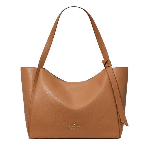 A tan leather tote bag adorned with a knotted strap detail and a logo near the bottom center.