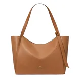 A tan leather tote bag adorned with a knotted strap detail and a logo near the bottom center.