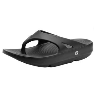 Black ergonomic flip-flop with a textured footbed and a small circular logo on the side.