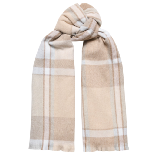 A beige and white plaid scarf with a knotted design, featuring a soft texture and neutral tones.