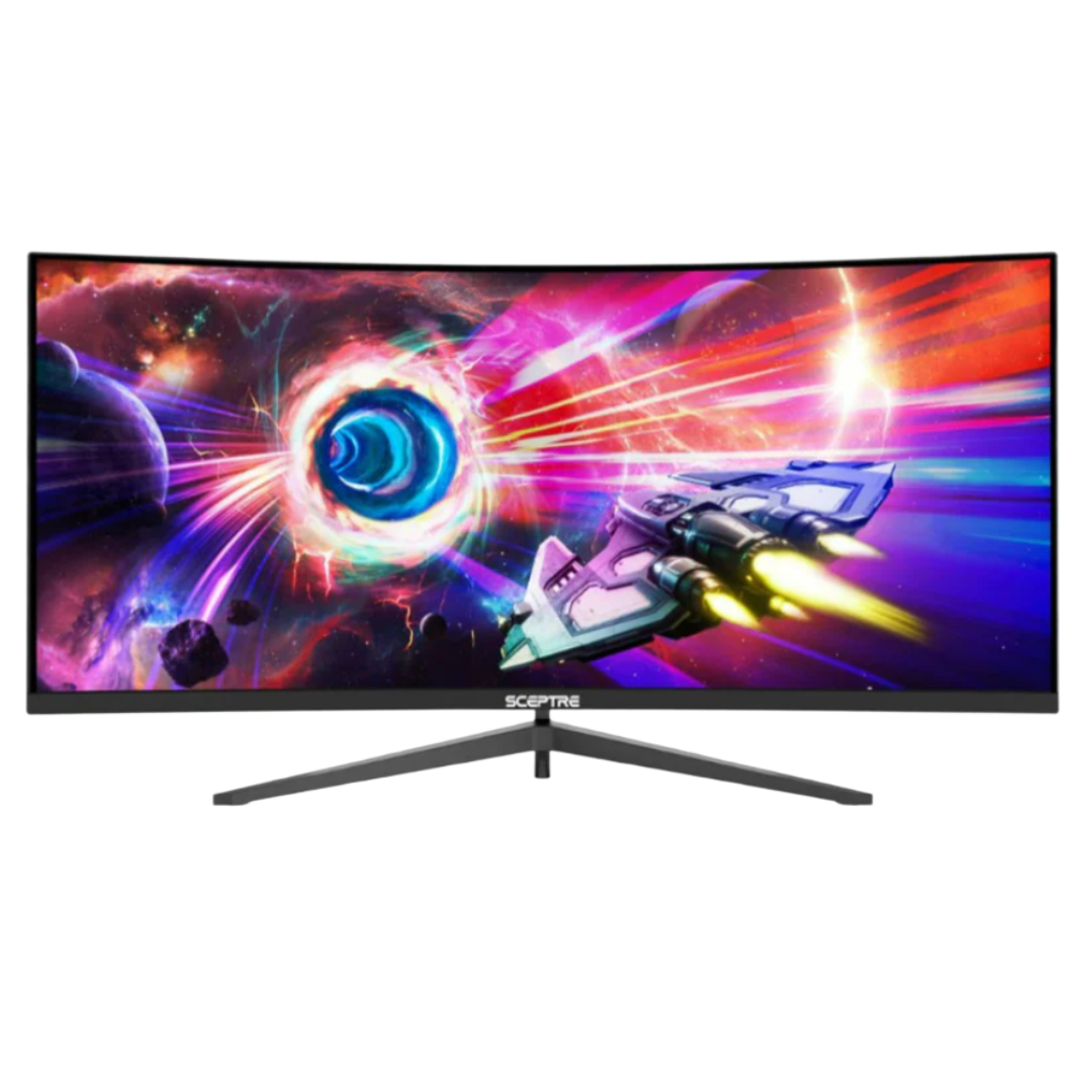Curved Sceptre monitor displaying a colorful space-themed scene with a spaceship near a vortex.