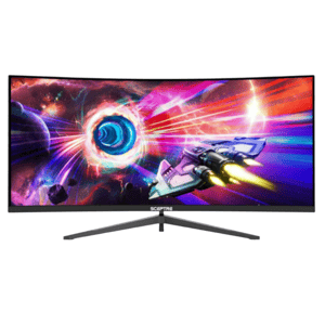 Curved Sceptre monitor displaying a colorful space-themed scene with a spaceship near a vortex.