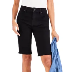 A person is wearing black knee-length shorts with a frayed hem, holding a blue shirt.