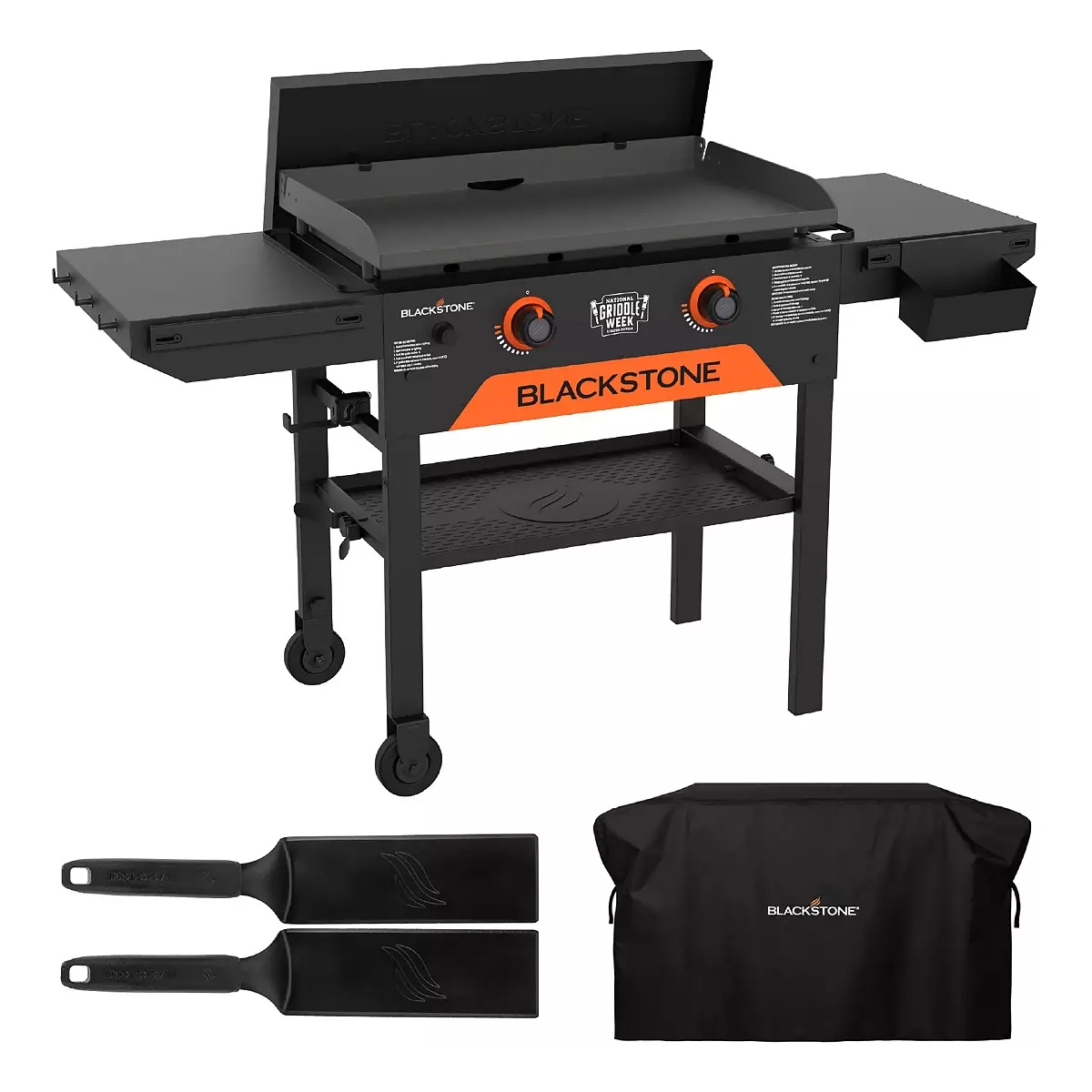 Blackstone Griddle Bundle includes a two-burner griddle with a flat cooking surface, flanked by side shelves, accompanied by two spatulas and a cover. The griddle features dual control knobs and a lower shelf for additional storage.
