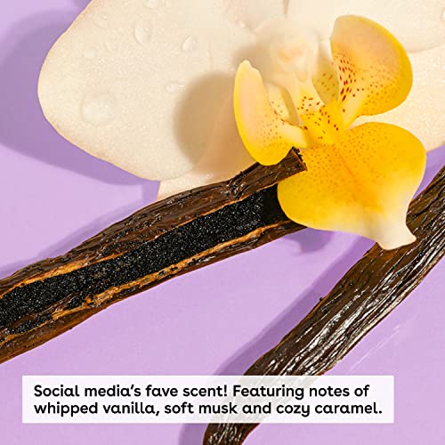 A vanilla pod and yellow orchid are depicted, highlighting a fragrance with notes of whipped vanilla, soft musk, and cozy caramel.