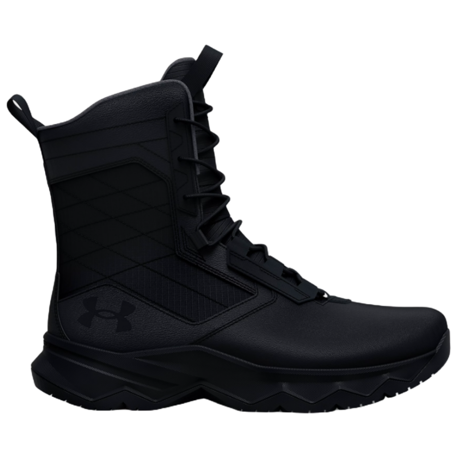 UA Women's Stellar G2 Tactical Boots are black, high-cut tactical footwear with a sleek design, featuring reinforced stitching and the Under Armour logo on the side. They're designed for durability and support.