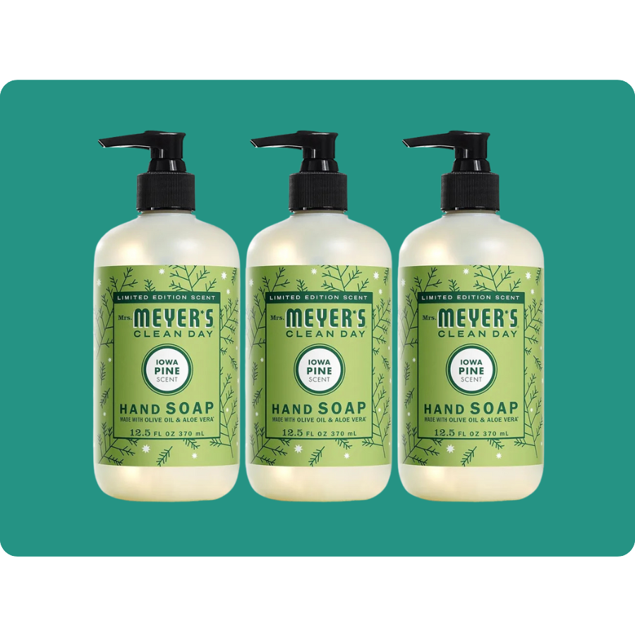 Mrs. Meyer's Clean Day Iowa Pine Scent Hand Soap, Limited Edition, made with olive oil and aloe vera, 12.5 fl oz (370 mL) each, shown in a set of three bottles.