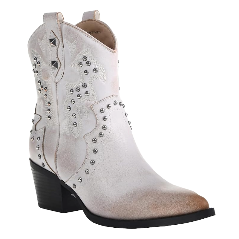 Dirty Laundry Women's Studded Boots are ankle-height, white with decorative silver studs and embroidery, featuring a chunky black heel and pull tabs.