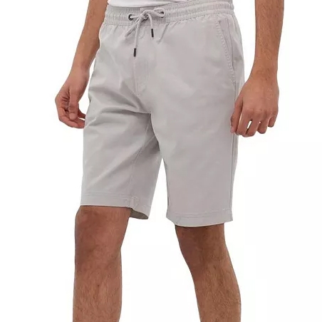 Gray knee-length shorts with an elastic waistband and drawstring, featuring side pockets for a casual and comfortable fit.