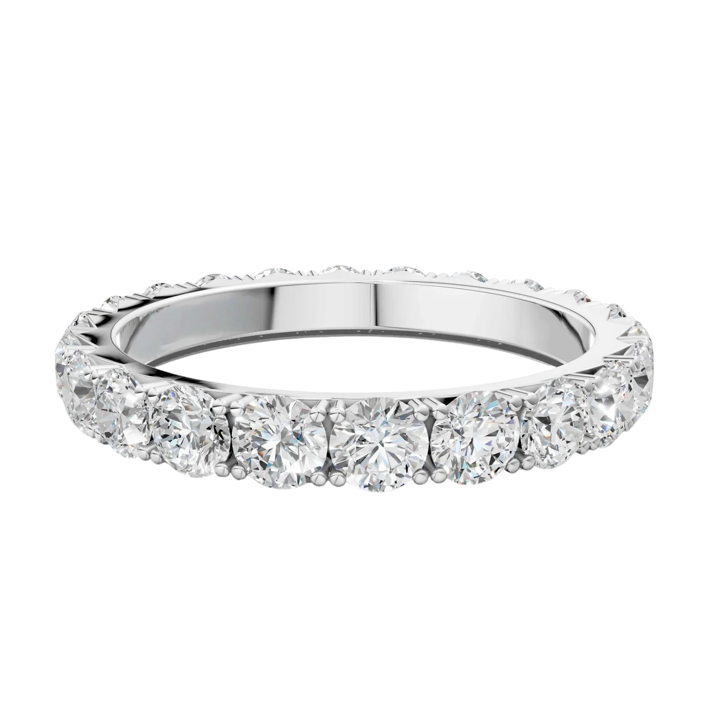 A silver ring featuring a continuous band of round-cut diamonds.