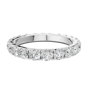 A silver ring featuring a continuous band of round-cut diamonds.